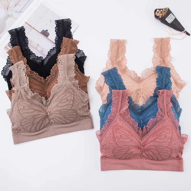 Женский цветочный кружевной эластичный укороченный топ с бабочками без косточек бюстгальтер с запахом на груди