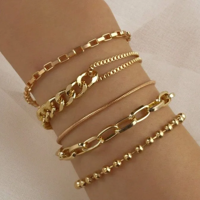 Wholesale Women Girls 5-piece Bracelet Set Multiple Mixed and Combined Bracelets Metal Chains Bracelet Set
