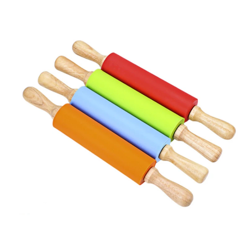 Children Design Silicone Rubber Rolling Pin For Kids With Non-Stick Surface And Comfortable Wood Handles