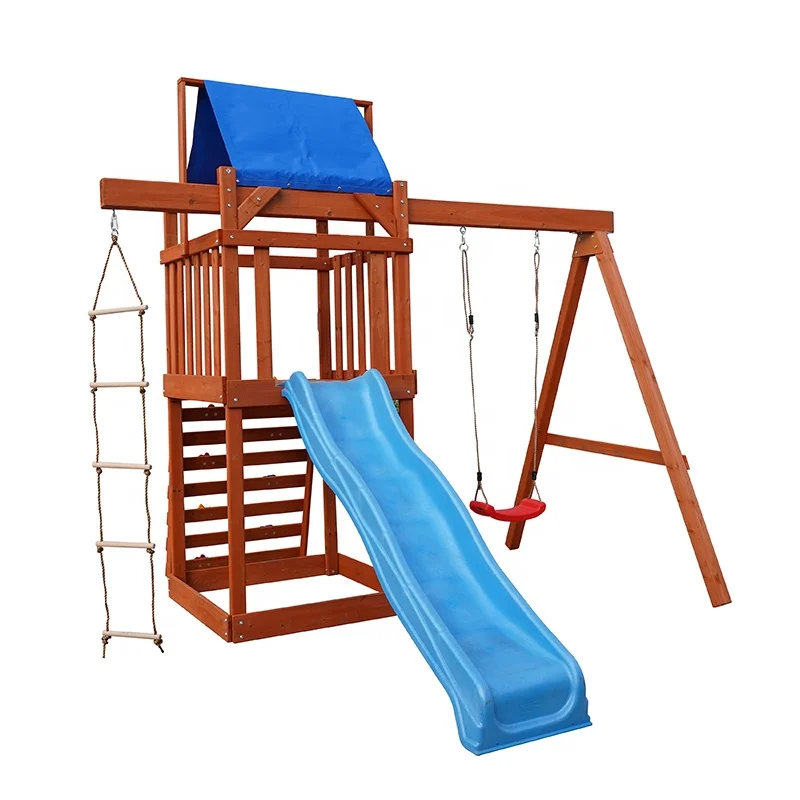 Children Outdoor Playground Equipment Slide Wooden Swing Set