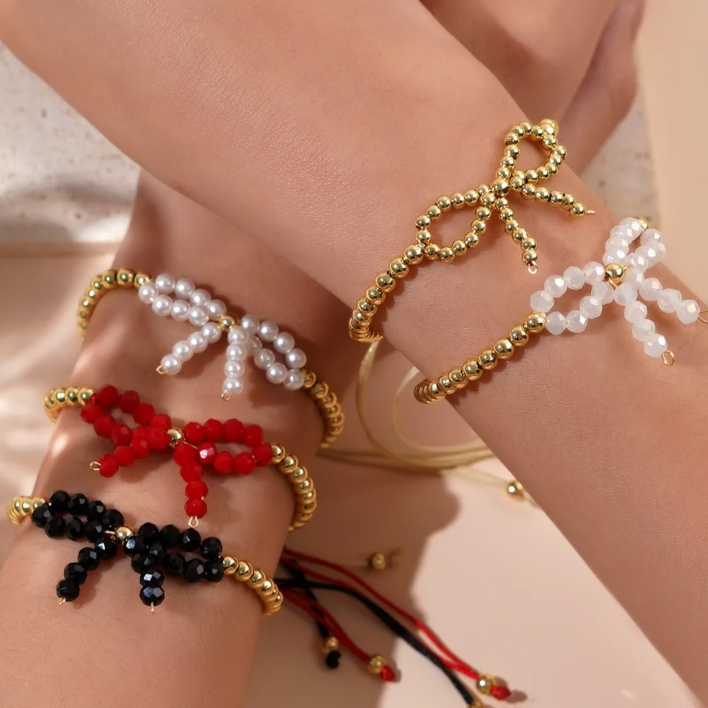 Woying   Original Design Bow For Girls Bracelet 18K Gold Plated Copper Bead  High-Grade Imitation Pearl New Product Bracelet