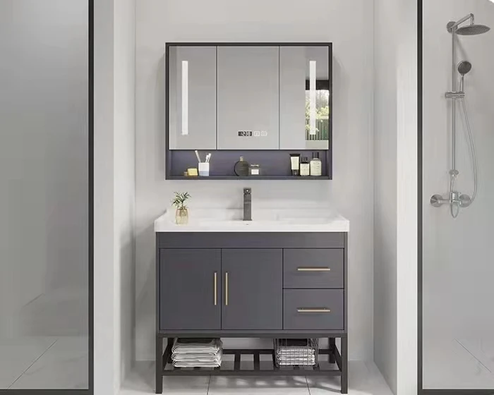 Classical black wooden double sink framed mirror big storage drawers Mdf Vanity Bathroom Cabinets for villa