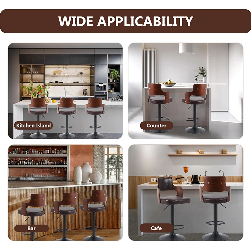 Modern Brown Swivel Bar Chairs with Leather Seat Wood Back High Stools Lift Fabric Natural Texture Footrest for Kitchen Home Bar