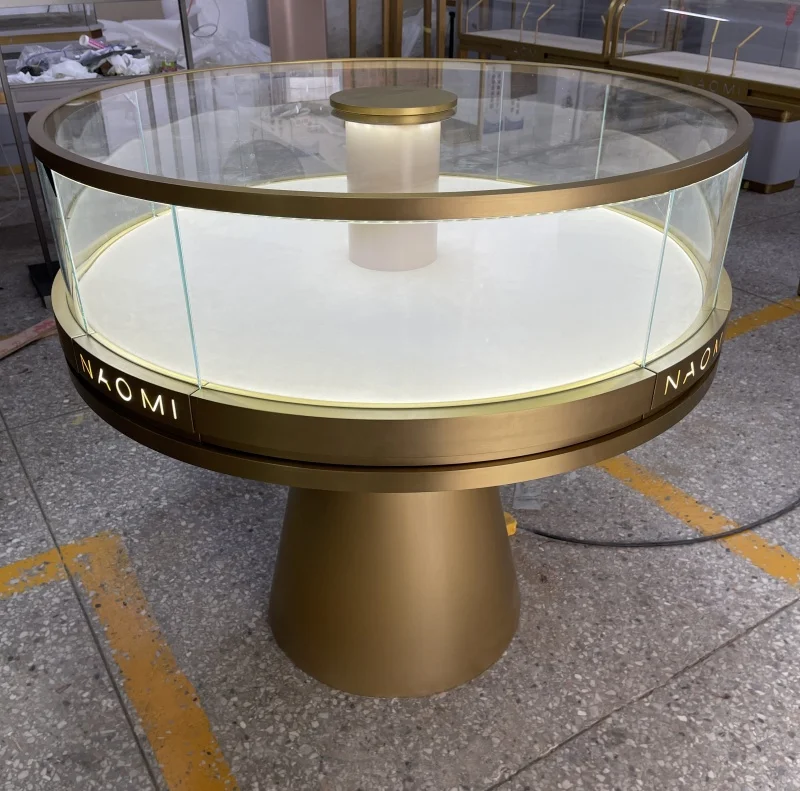 Высококачественный изогнутый Золотой ювелирный стол роскошный круглый стеклянный бутик современный магазин витрина для ювелирного магазина