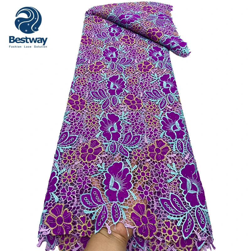 Bestway Yellow Guipure Cord Lace Fabric African Wedding Bridal Dress With Stones