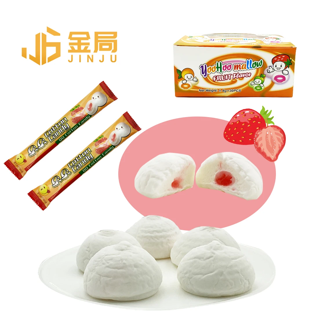 Wholesale Halal Dessert Snacks Filled Marshmallow Fruit Soft Candy Malvaviscos