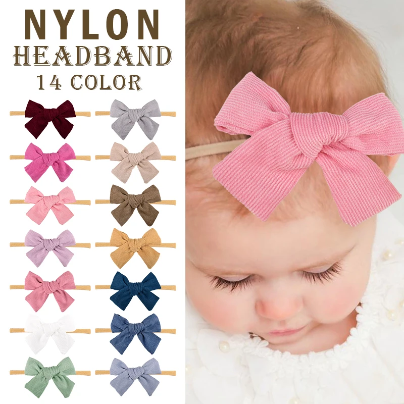 N1228 Hot Corduroy Fabric Hair Bow Nylon Heaband for Baby Girl Turban for Toddler Kid Hair Accessoris Supplier Hair Band