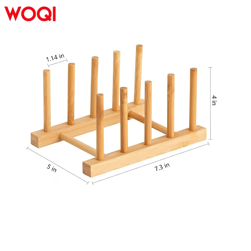 WOQI Multifunction Robust Compact Wood Dish Drainer Bamboo Plate Rack for Cups, Pot Lid, Chopping Board