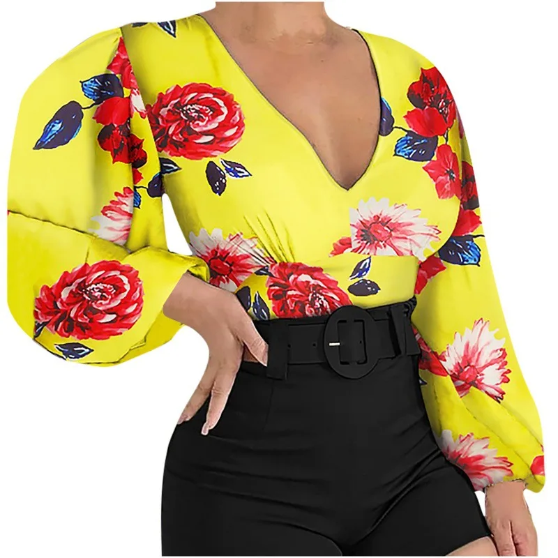 T-Shirt Sexy Crop Top spring Elegant Long Sleeve V Neck Ruffle Chiffon Trim Floral Print Shirt Tops Clothing For Women