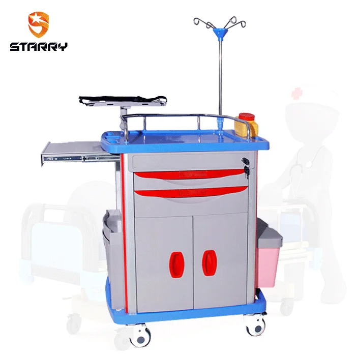 Medicine Cart ABS plastic top board 4 aluminum columns 5 drawers 4 noiseless castors medical emergency trolley