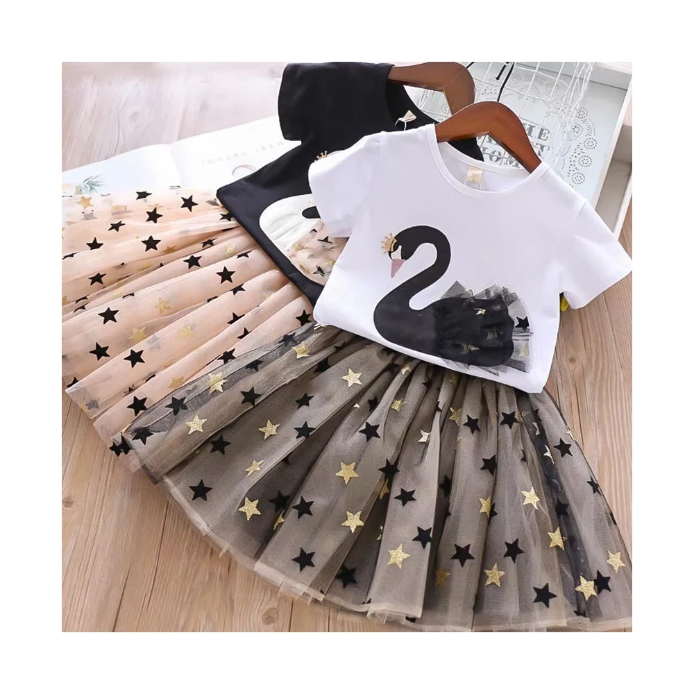 Beautiful Girls Summer Short Sleeve Cotton Polyester Swan Star Mesh Princess Casual Skirt Set 2 Piece