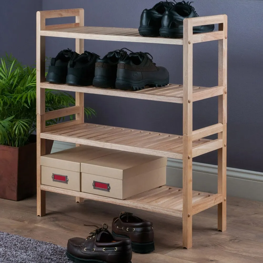 Bamboo Wood Shoe Rack with Handle 4 Tier 12 Pairs Shoe Shelf Storage Organizer Free Standing