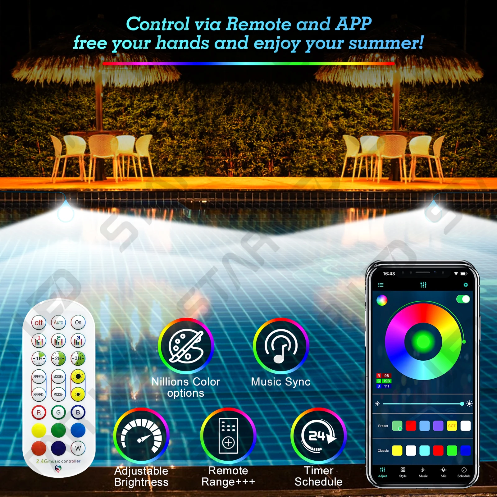 Rgb wireless APP control underwater lighting lamp 15w ip68 colorful swimming pool led light