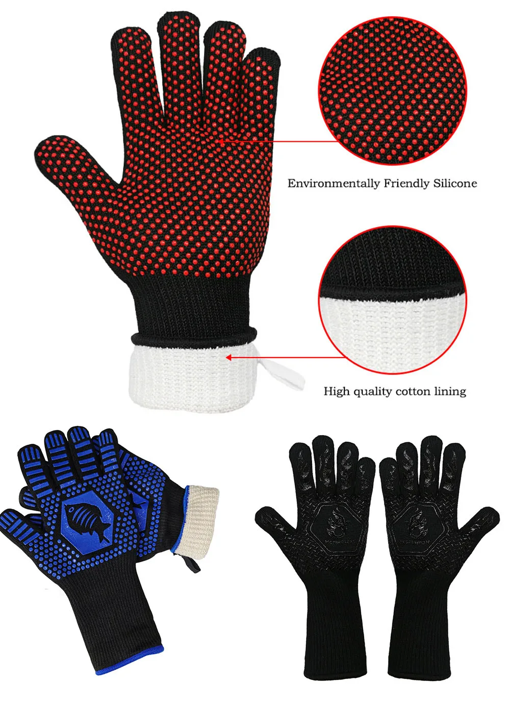 High Quality High Temperature Resistance Oven Mitts 500 800 Degrees Fireproof BBQ Silicone Mitten