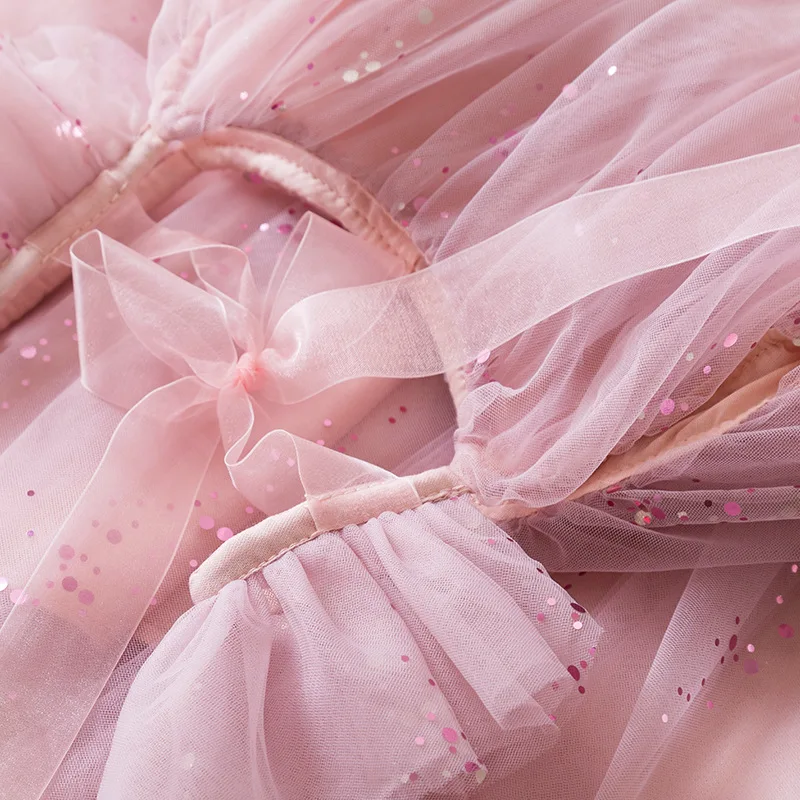 Flare sleeve glitter solid color cotton lining tulle kids girl summer dress