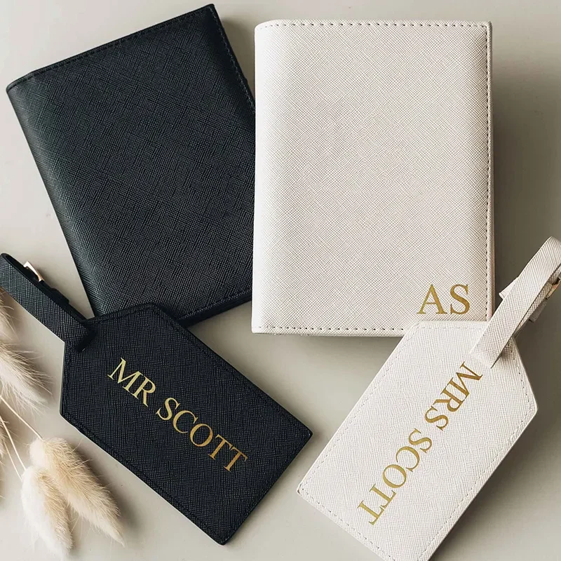 Custom RFID Blocking PU Saffiano Leather Travel Ms and Mr Passport Holder Luggage Tag Set