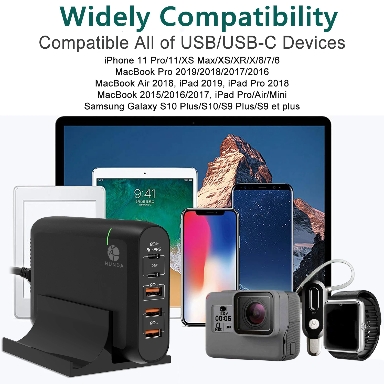 Hunda 2020 Best seller 5 port 60W PD usb charger mobile phone charging station Type C QC3.0 charger for Laptop/Mobile phone/Ipad