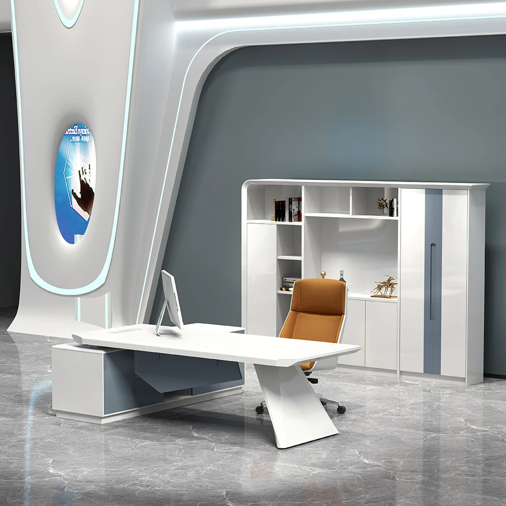 Contemporary Cheap High Gloss For White Color Computer Tables l Shaped Fixed Big Office Desks And Cabinets