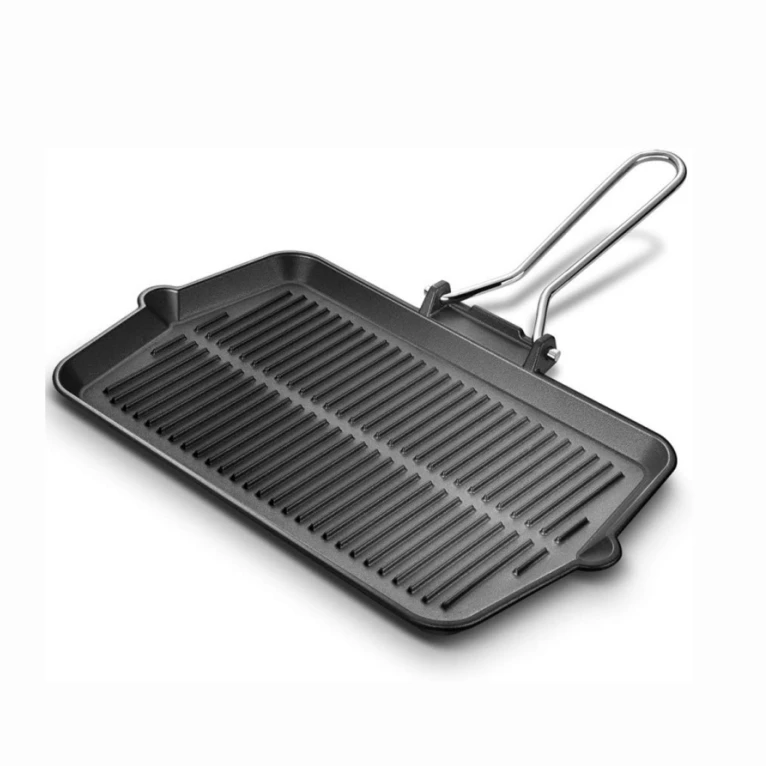 Outdoor Rectangular cast iron grill pan with folding handle for Gas Stovetop, open fire and Grill