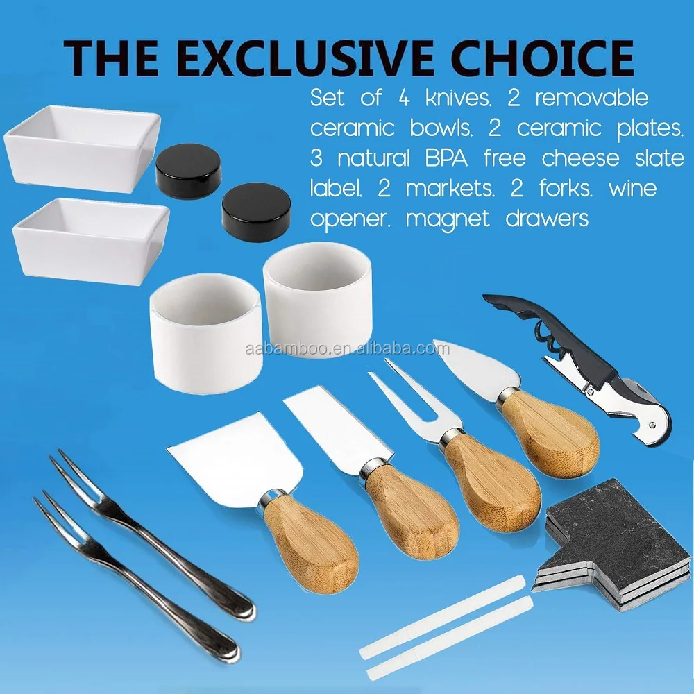 Wooden bamboo cheeseboard with 2 knives drawers