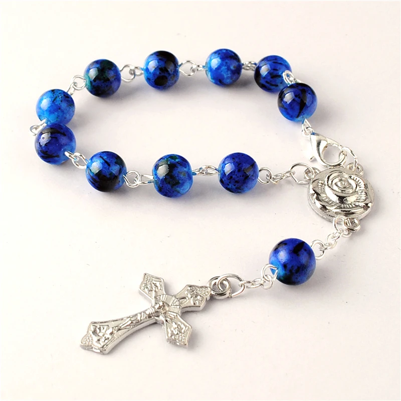 Kingme Fashion Catholic Jewelry 8 mm Glass Beads Cross Rosary Bracelet with Rose Center Piece & Mini Crucifix