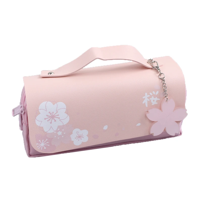 Sakura Pencil Bag PU Leather Pen Case Kawaii Stationery Ruler Pouch for School Girl Sweet Eraser Holder Gift Box Flowers