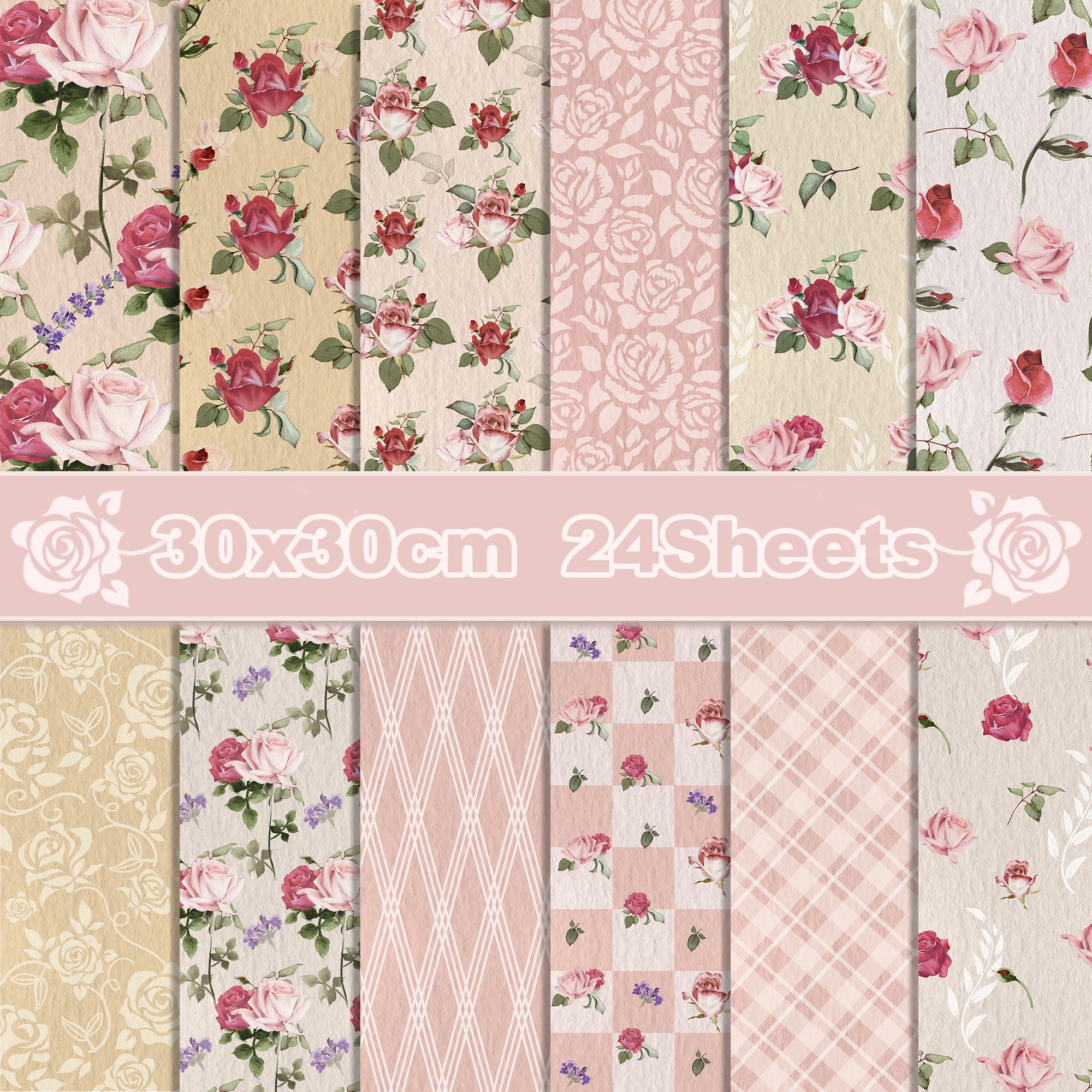 Huancai Rose Floral Pattern Scrapbook Paper Double-Sided Decorative Craft Paper for Gift Wrapping Photo Album Party Supplies