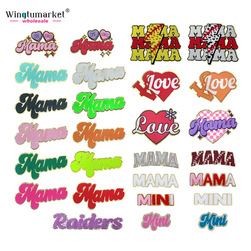 Wholesale custom embroidery patch iron on letters sequin glitter mama chenille patches for clothes