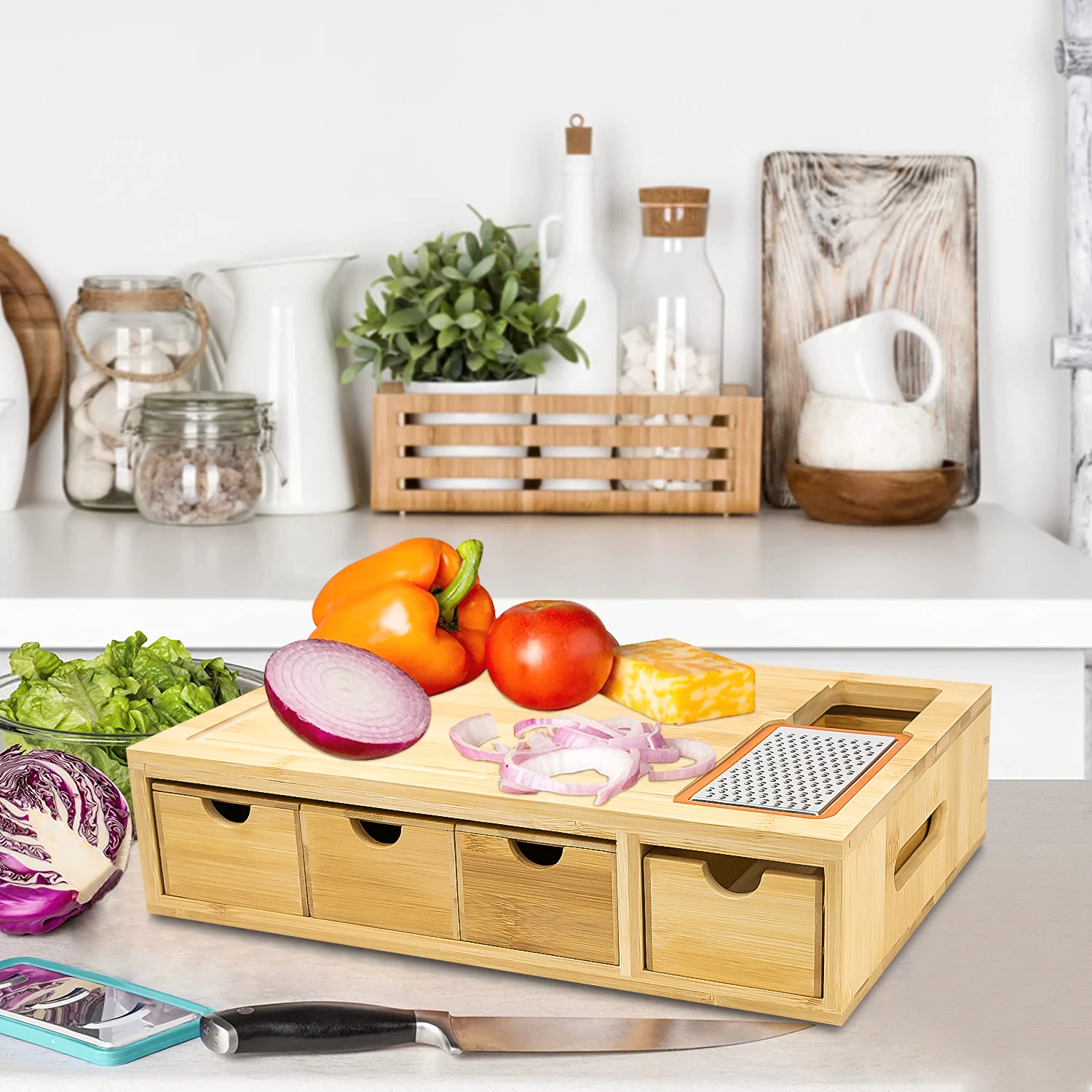 GL Hot Sale Bamboo Wood Chopping Block Containers Food Chopper Cutting Board Bamboo Cutting Board With Drawers