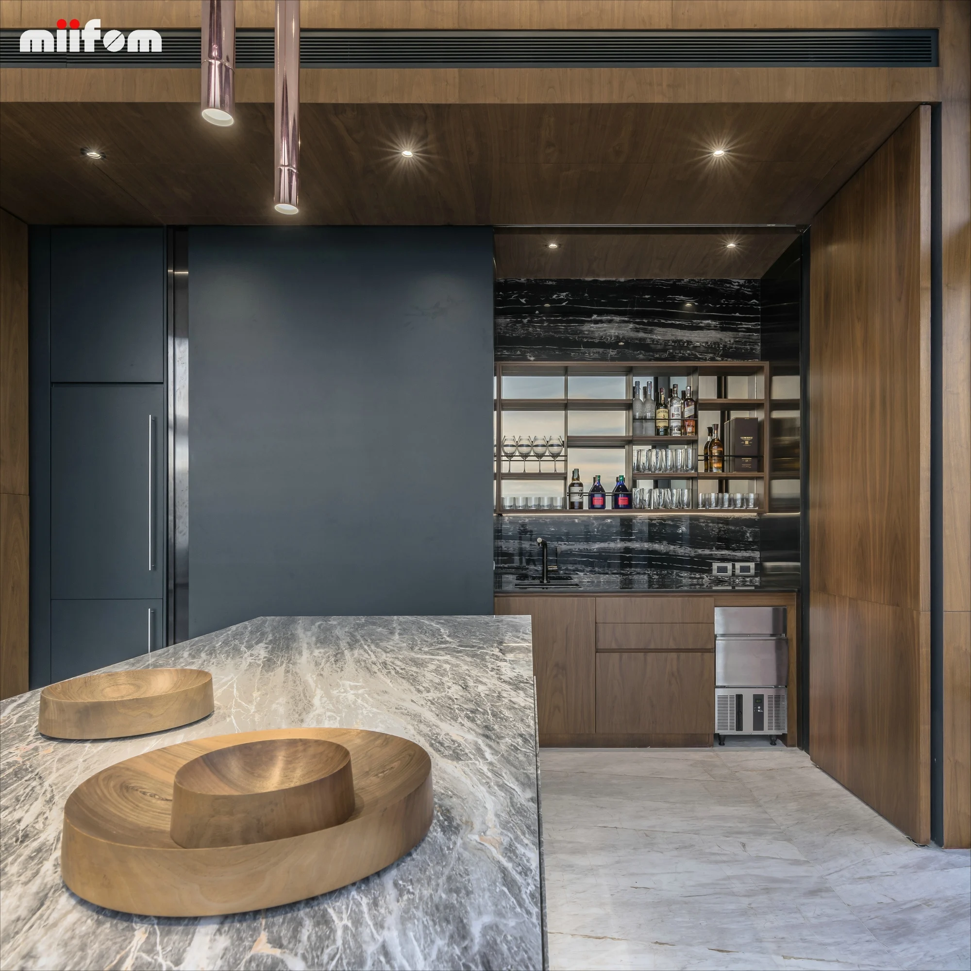 Walnut Wooden And Dark Grey Open Modern Multifunctional Sliding Door Kitchen Cabinets