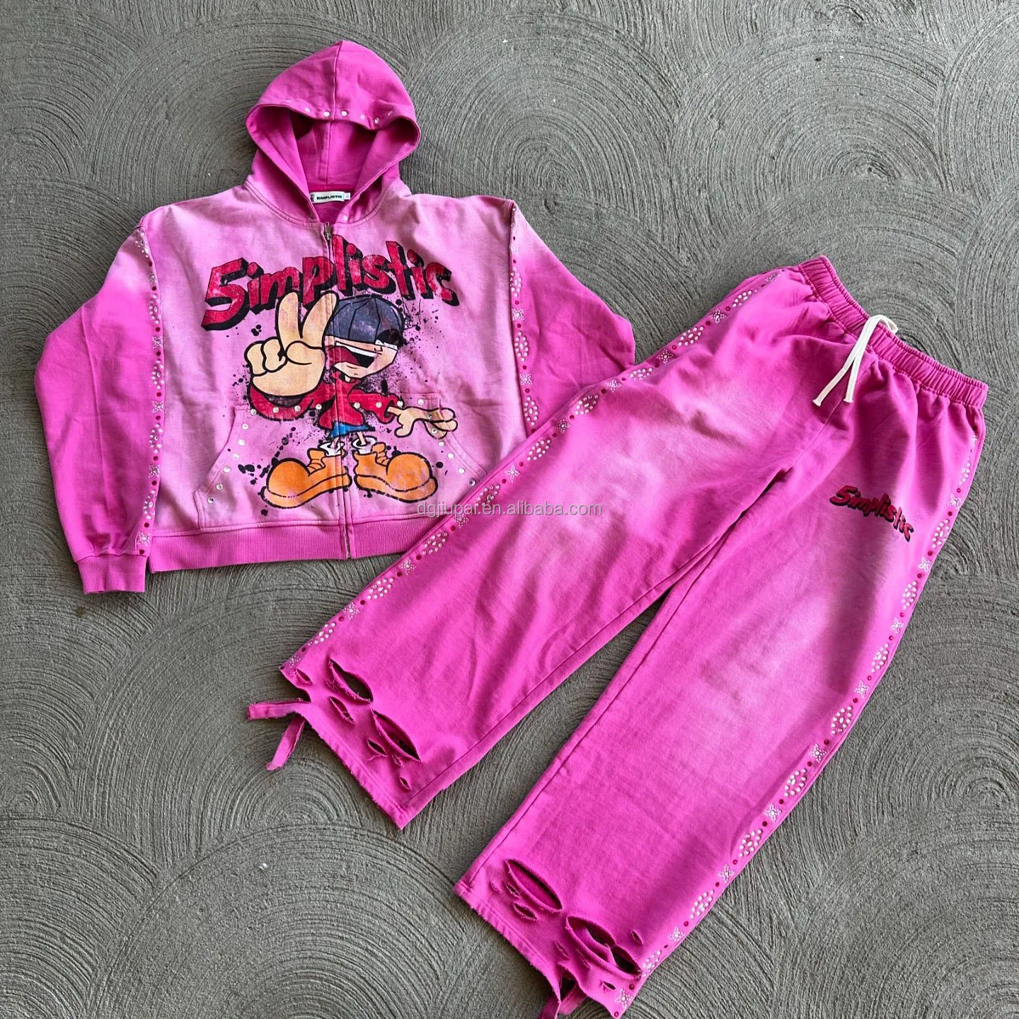 Custom Manufacturer Streetwear Rhinestone Zip up Hoodie Sweat Pants Set Acid Wash Man Tracksuit Sun Faded Men Sweatsuit