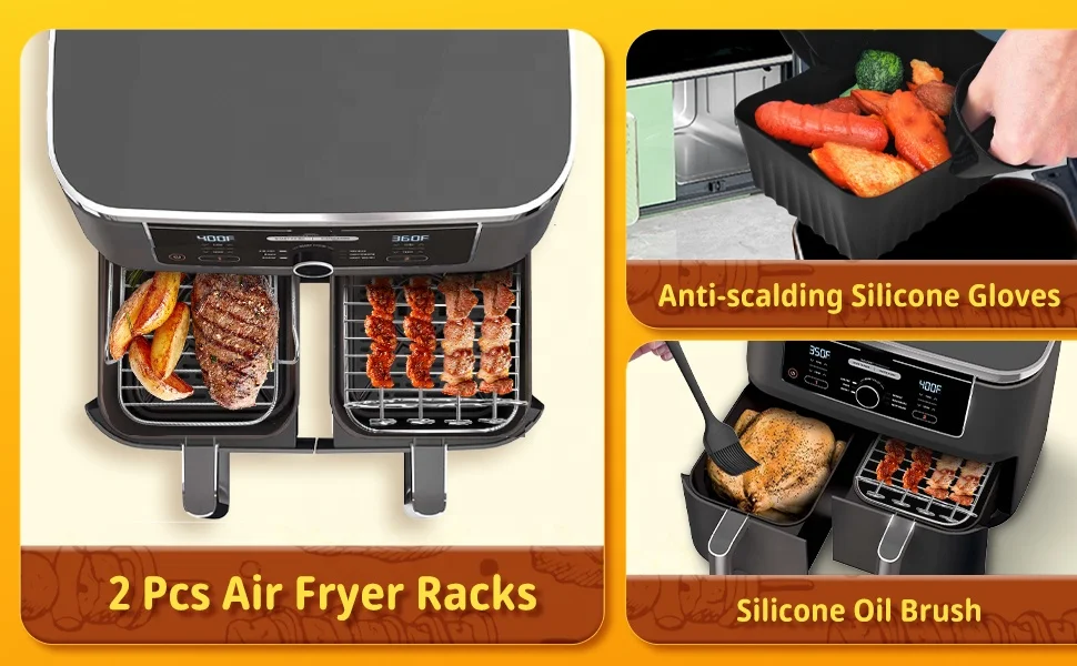 Air Fryer Accessories for Ni nja Dual 2 Pcs Air Fryer with 2 Pcs Air Fryer Liners 4 Skewers Oil Brush Food Tongs Silicone Gloves