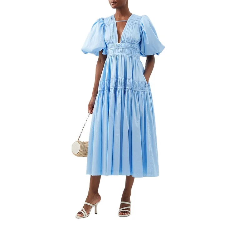 Blue puff sleeve princess dress 2023 summer new deep V neck high waist long  cotton poplin casual dresses