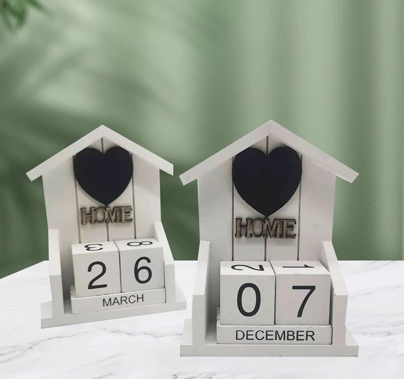 Wooden House Calendar with Block Perpetual Table Calendar Wooden Desk Blocks Calendar Perpetual Block Month Date Display
