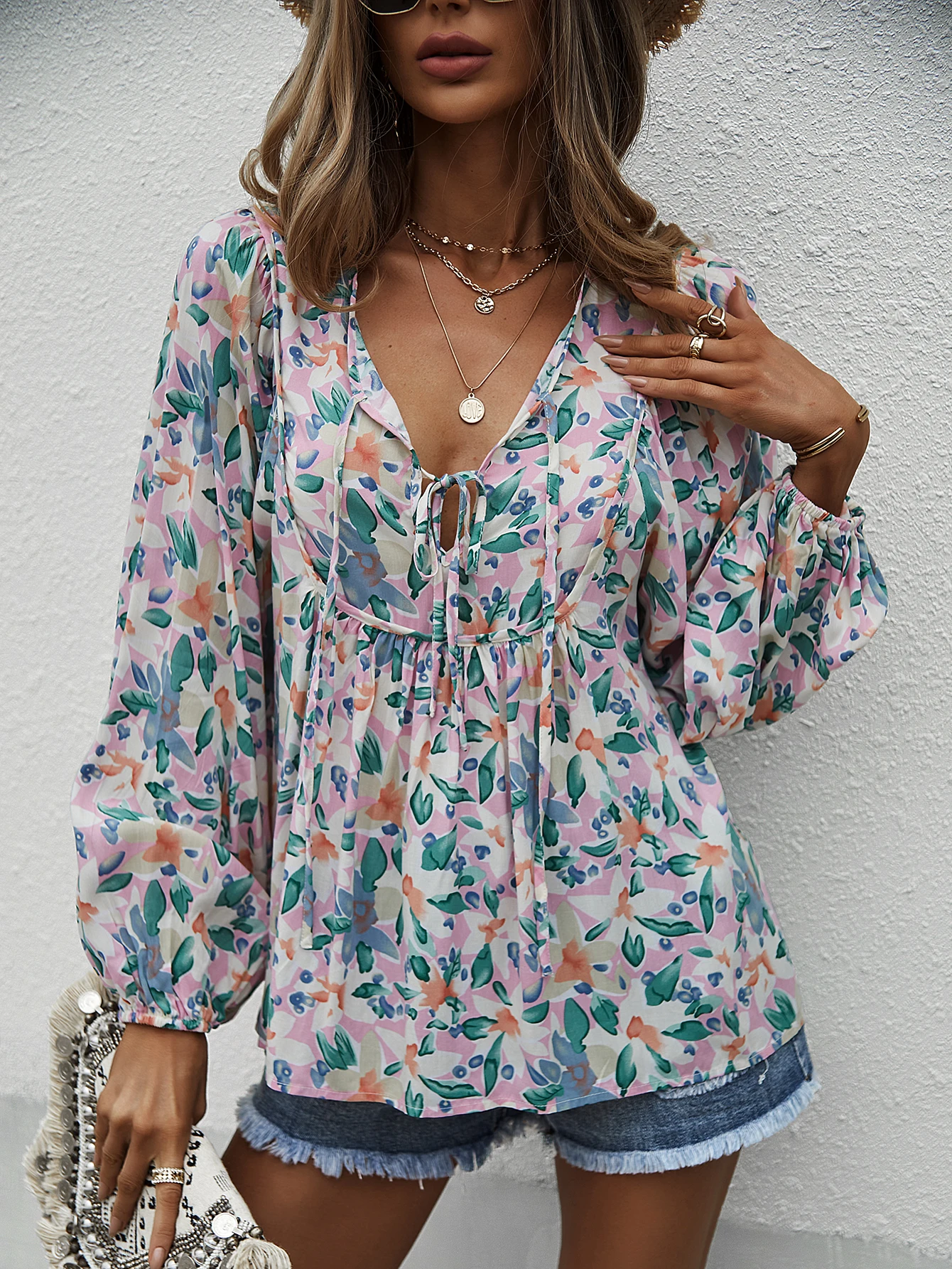 Ladies boho chic blouse and tops shirt ladies v neck lace tie hollow out bohemian cute tops blouse shirt boho clothing