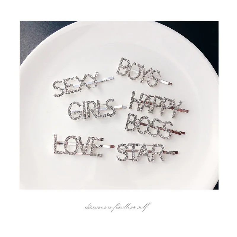 
Fashion Women Decorative Hair Accessory Custom Black Crystal Word Hair Clips Rhinestone Letter Hair Pins 