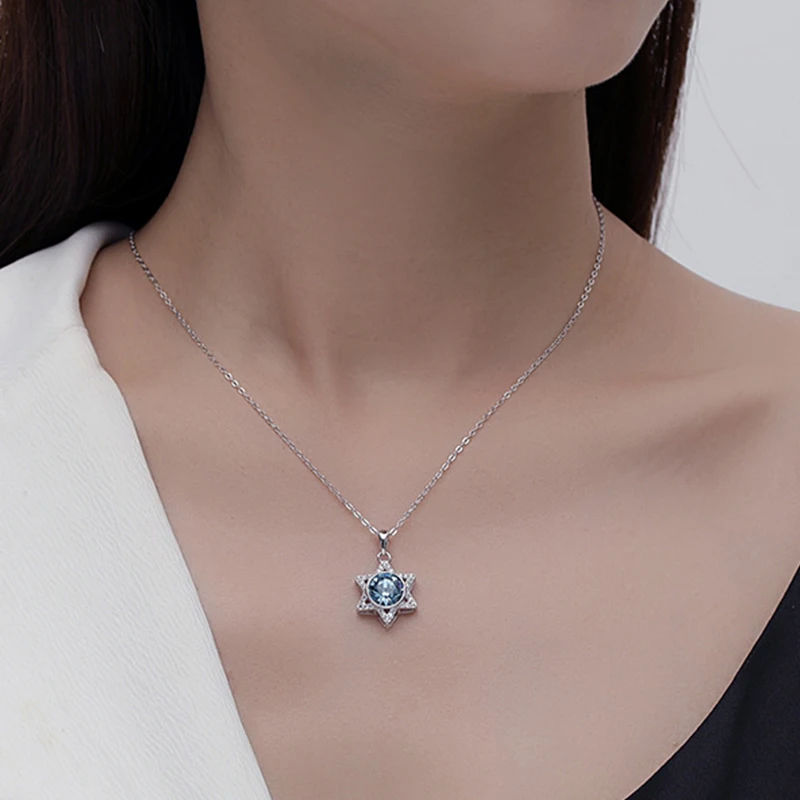 Women Jewish Jewelry 925 Sterling Silver Blue Aquamarine Zircon Star Pendant Star Of David Necklace for Holiday Gifts