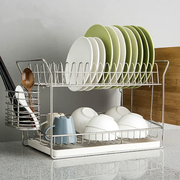 wholesale 2-tier Stainless Steel Kitchen Sinkware Plate Tray Metal Dish Drying Rack With Drip Tray