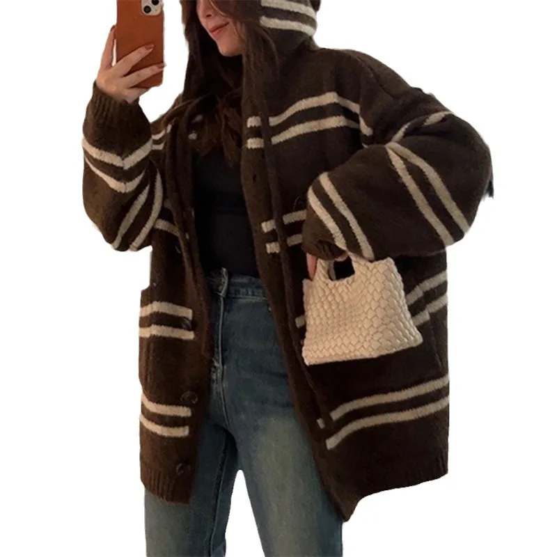New Fall/Winter Hooded Striped Loose Plus-Size Soft Waxy Knit Cardigan Sweater Jacket