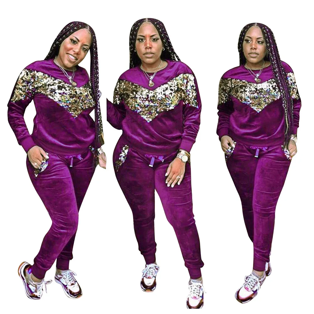 MT46-278 оптовая продажа, блестящий чистый Велюровый костюм из 2 предметов, зимний спортивный костюм для бега, простой женский спортивный костюм