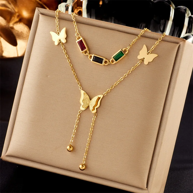 New Trendy Stainless Steel 18k Gold Zircon Shell Heart Butterfly Layered Pendant Necklace Women Cz Moon And Star Necklace Gift