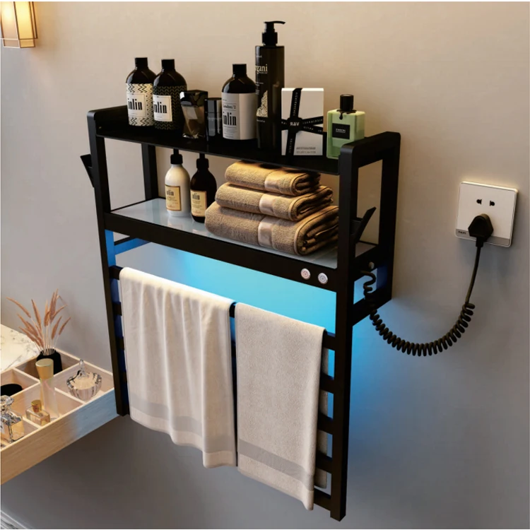 Modern Bathroom Electric Heated Towel Rack with Shelf Electric Towel Radiator with Storage Rack Heating Drying Towel Warmer