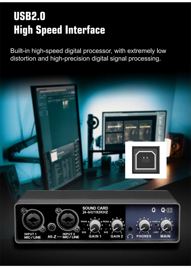 Q22 Studio Equipment for Recording Music Sound Card Interface Kits qith 2 XLR Microphone Port
