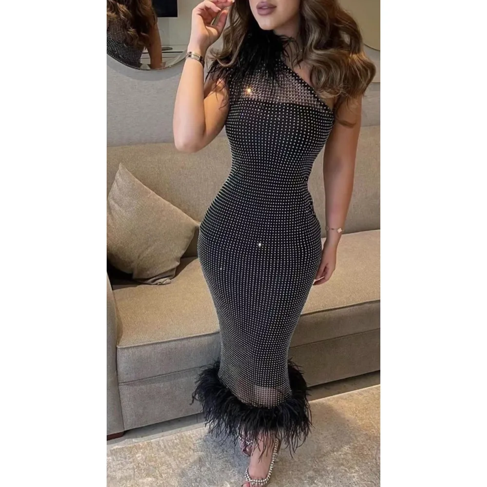 Sexy Ladies Sequin One Shoulder Women Midi Evening Dress With Feathers