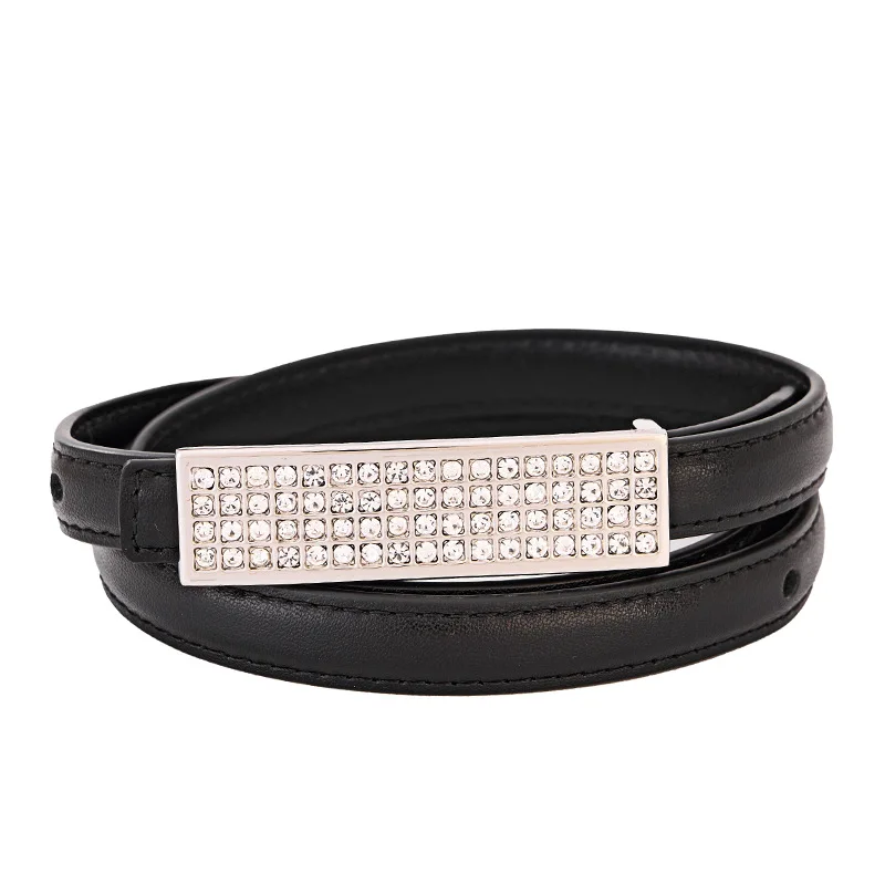 Custom Fashionable Accessories Gold Rhinestone Women Buckle Black Faux Pu Leather Belt