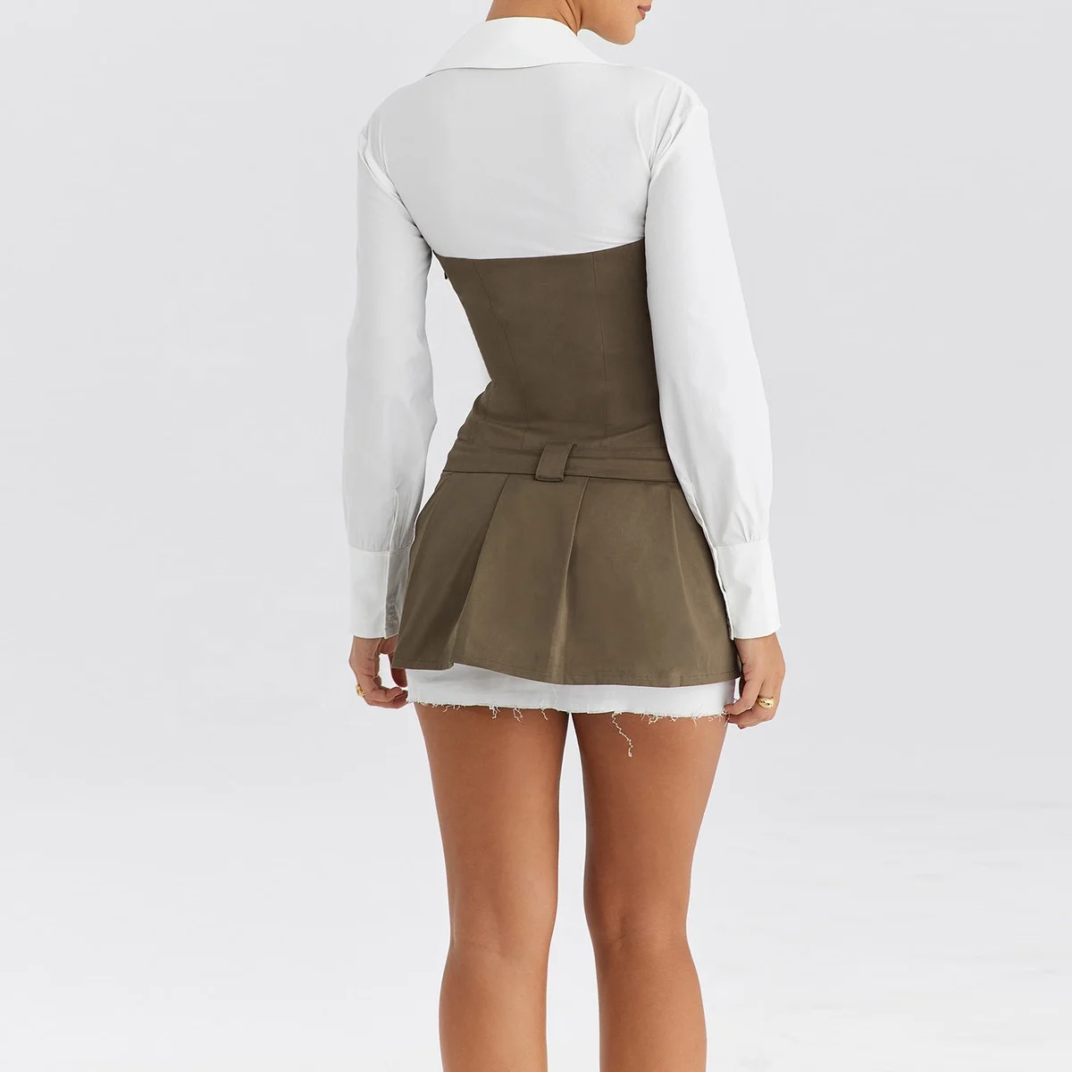 Custom White Plain Long Sleeve Pleated Mini Sexy Lady Shirt Dress For Women