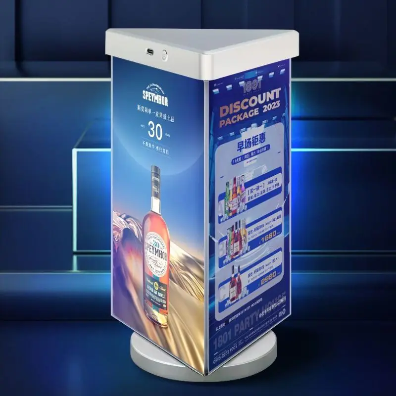 rotatable display Led Menu lightbox 3 Views Triangular Stand  Rechargeable backlit acrylic desk led light box sign