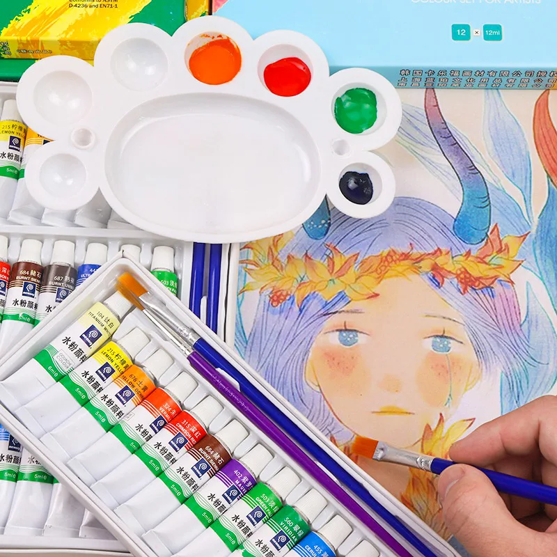 Gouache, Watercolor, Acrylic & Chinese Pigments in 12, 18, 24 colors. Packaged in 5ml/12ml boxes.