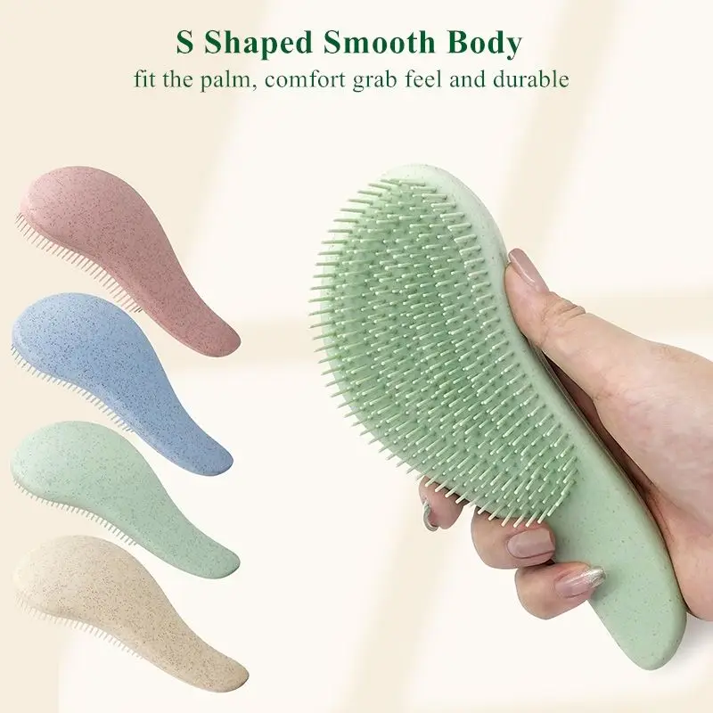 Customized Eco-friendly Wheat Straw Matt Hairbrush Plastic Magic Handle Massager Scalp Comb Detangling Hair Brush Styling Tool