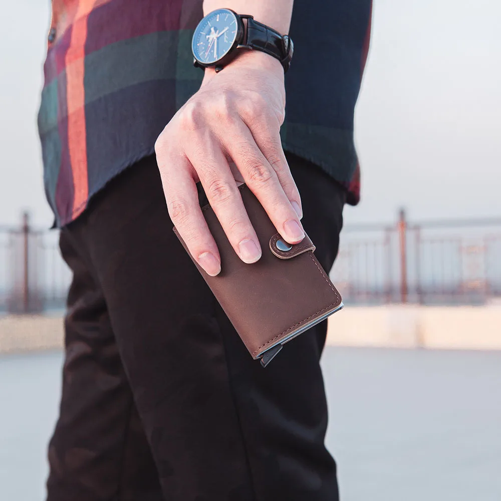 Automatic Pop Up Ultra RFID Real Carbon Fiber Card Custom Wallet, Minimalist Aluminum Credit Card Holder With Metal Money Clip